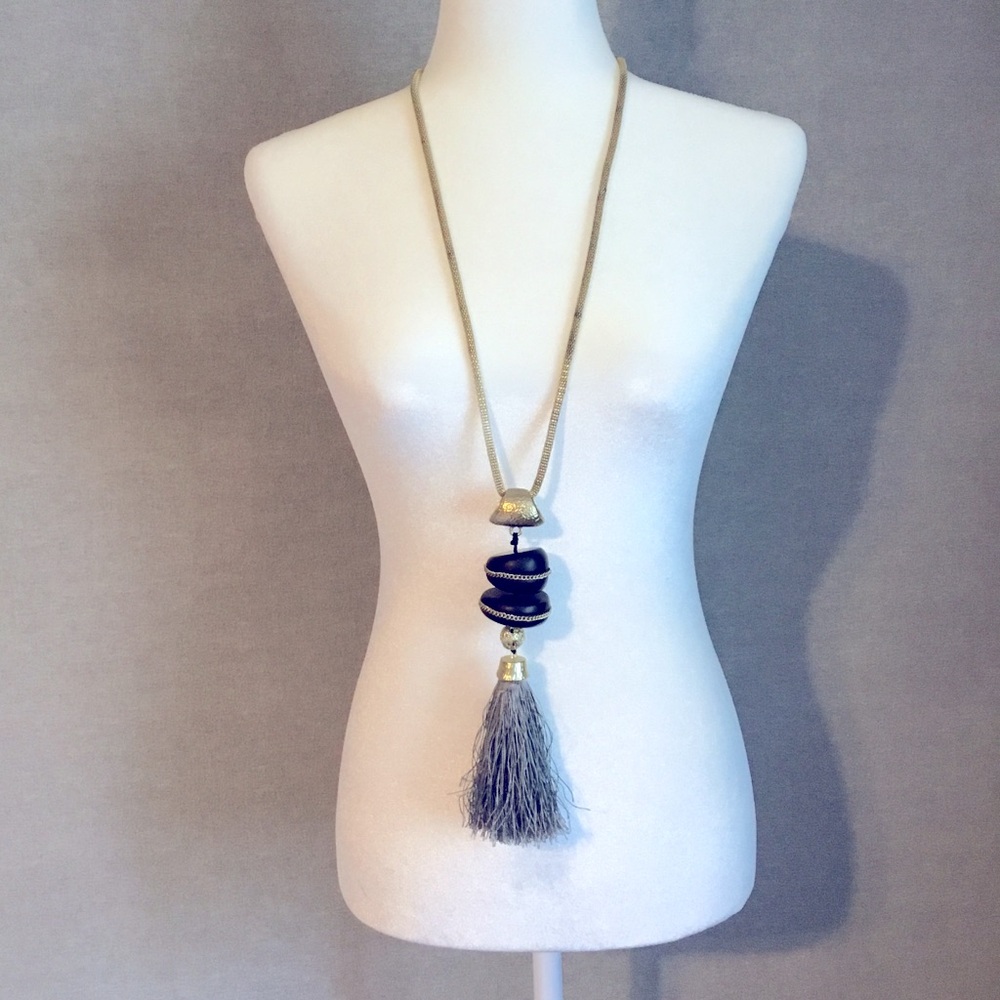 Gray Tassel and Woven Gold Chain Necklace